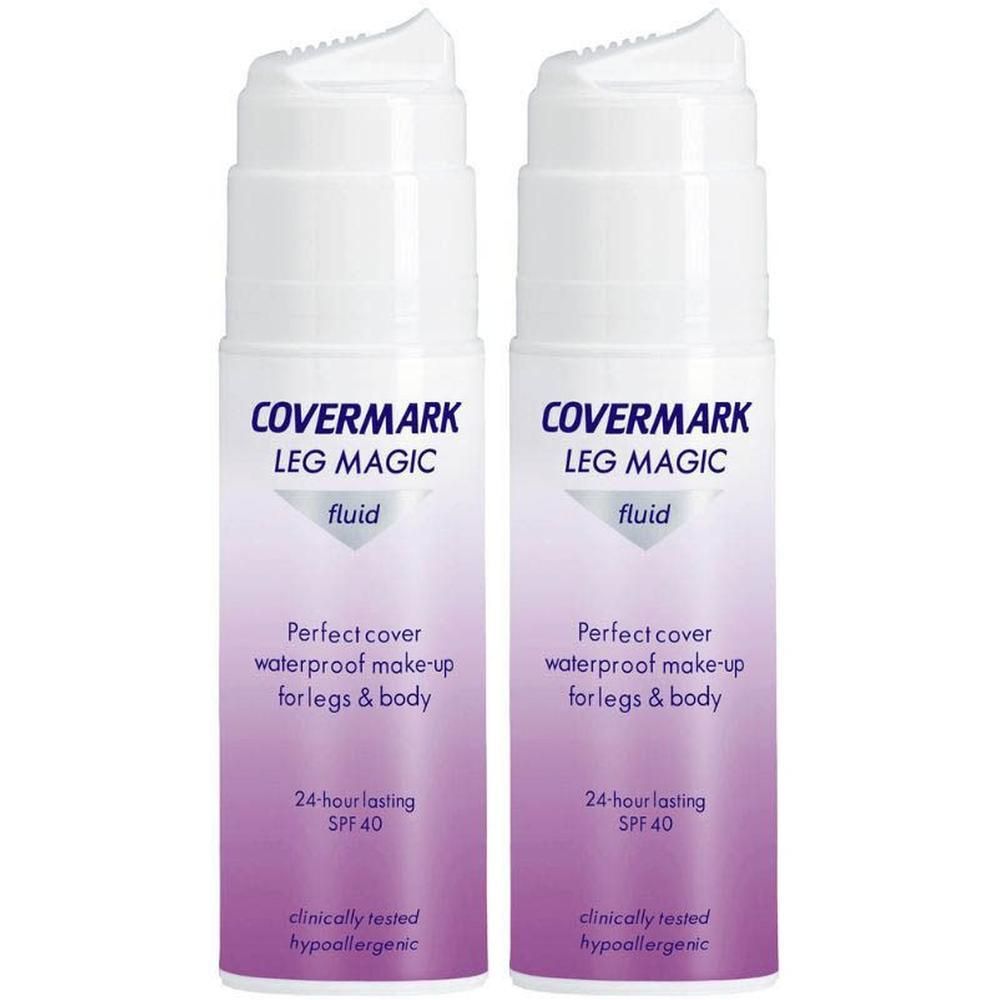 Deux flacons de Covermark Leg Magic Fluid SPF 40, maquillage imperméable pour jambes et corps.