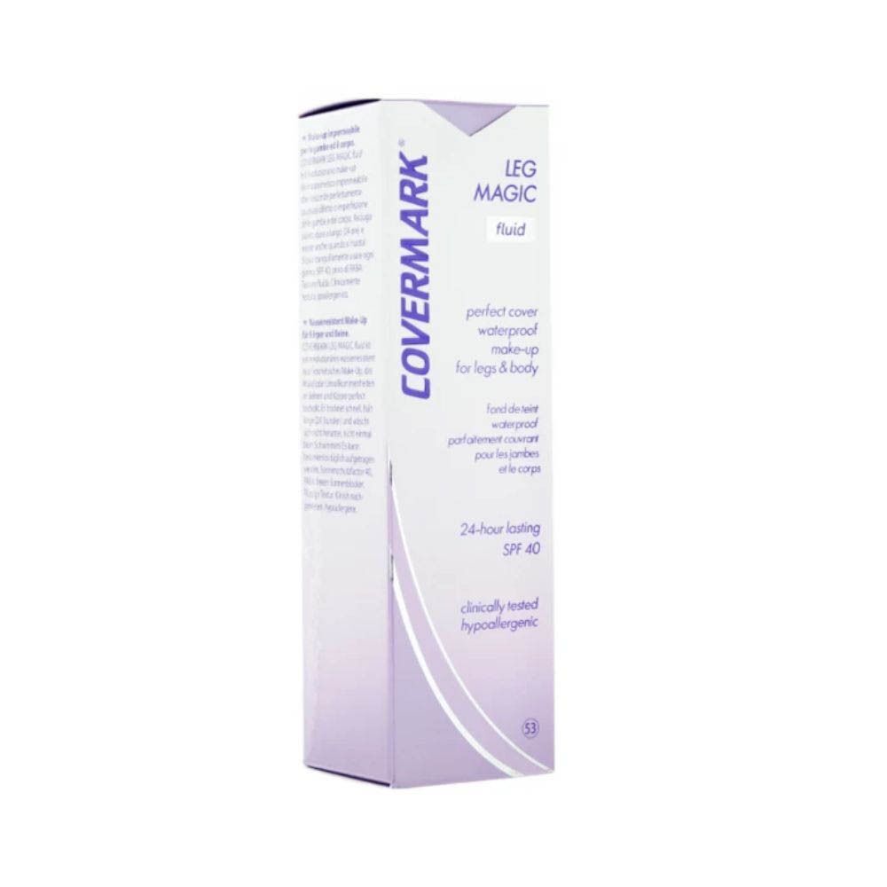 Verpakking van Covermark Leg Magic Fluid SPF 40, waterdichte make-up voor benen en lichaam.