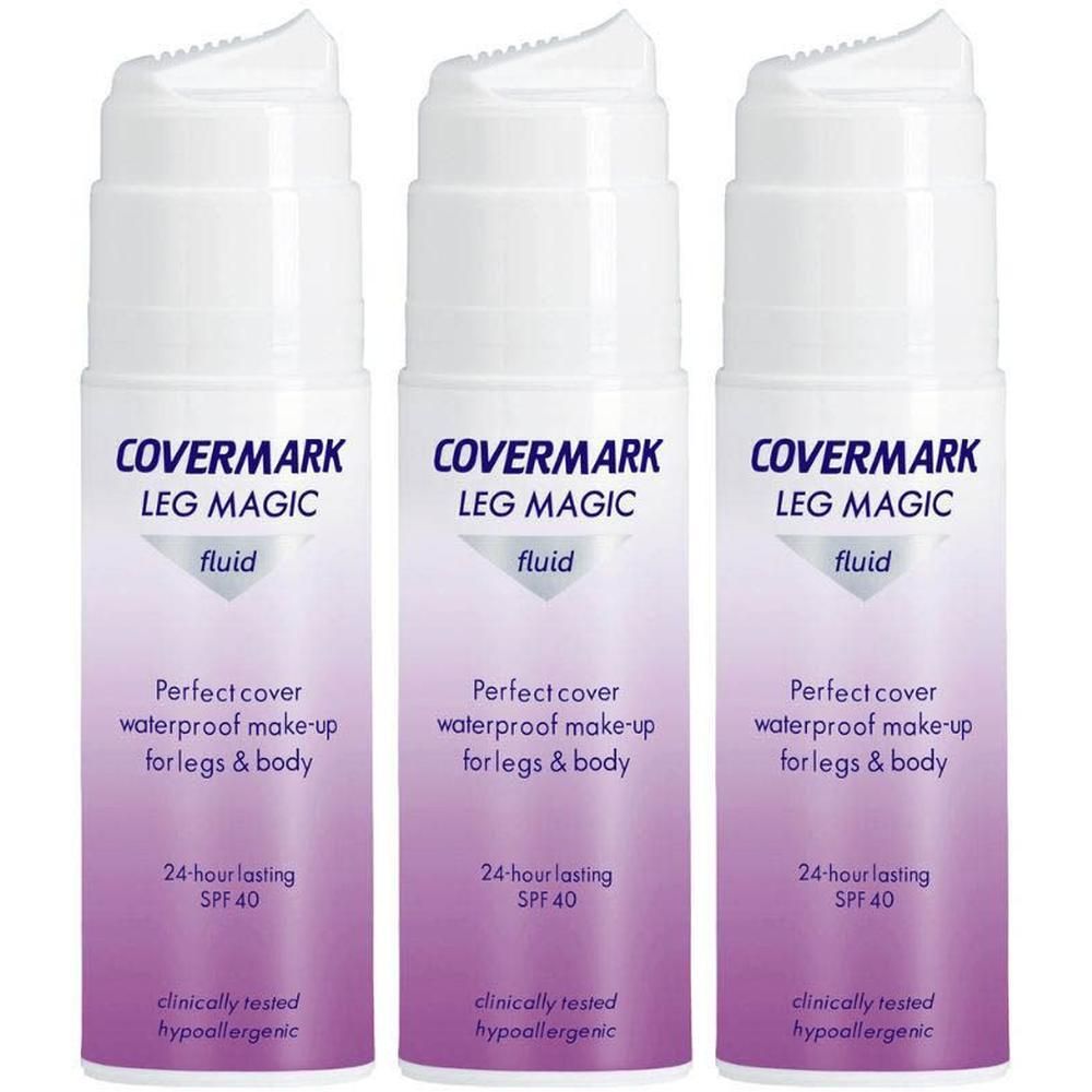 Drie flacons Covermark Leg Magic Fluid SPF 40, waterdichte make-up voor benen en lichaam.