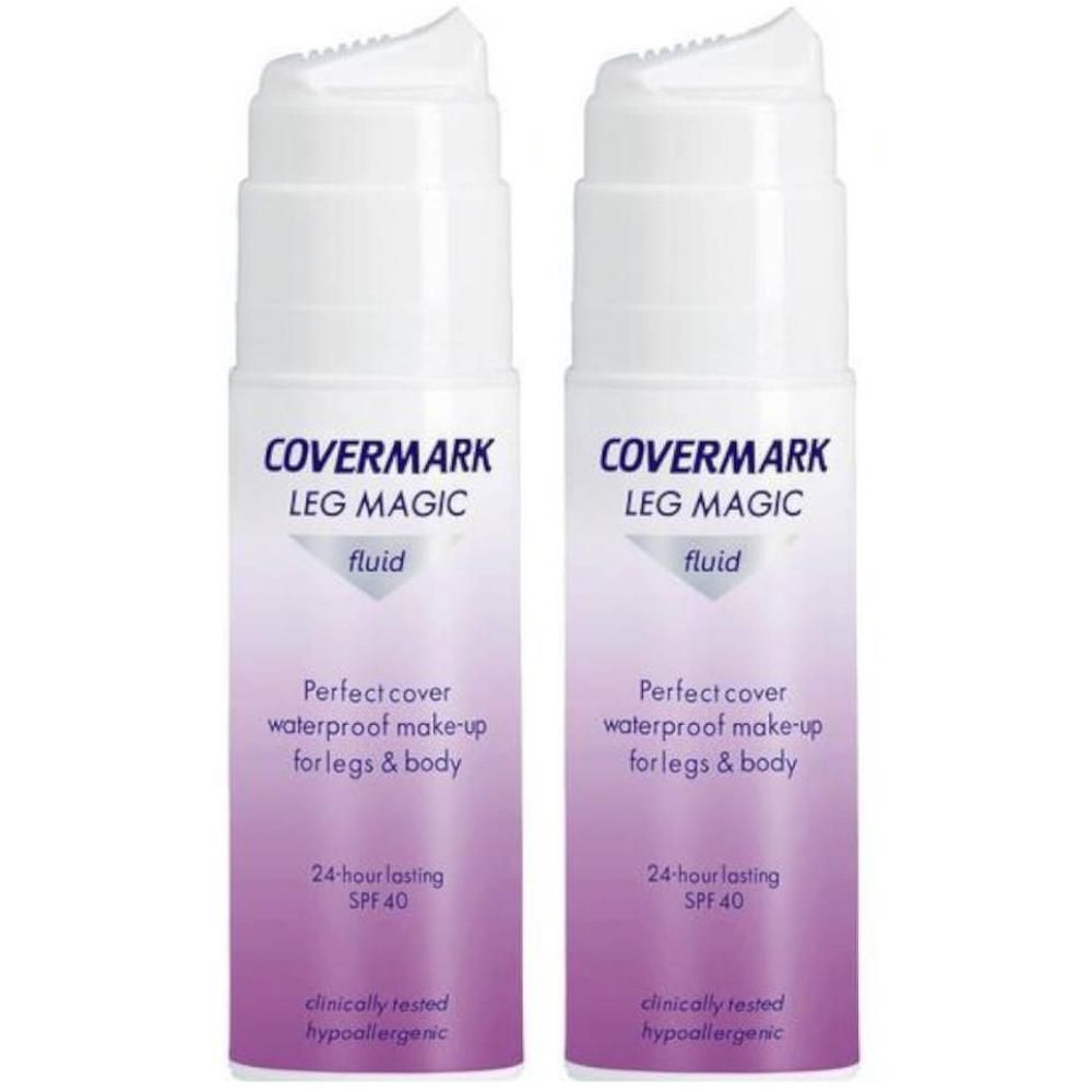 Twee flacons Covermark Leg Magic Fluid SPF 40, waterdichte make-up voor benen en lichaam.