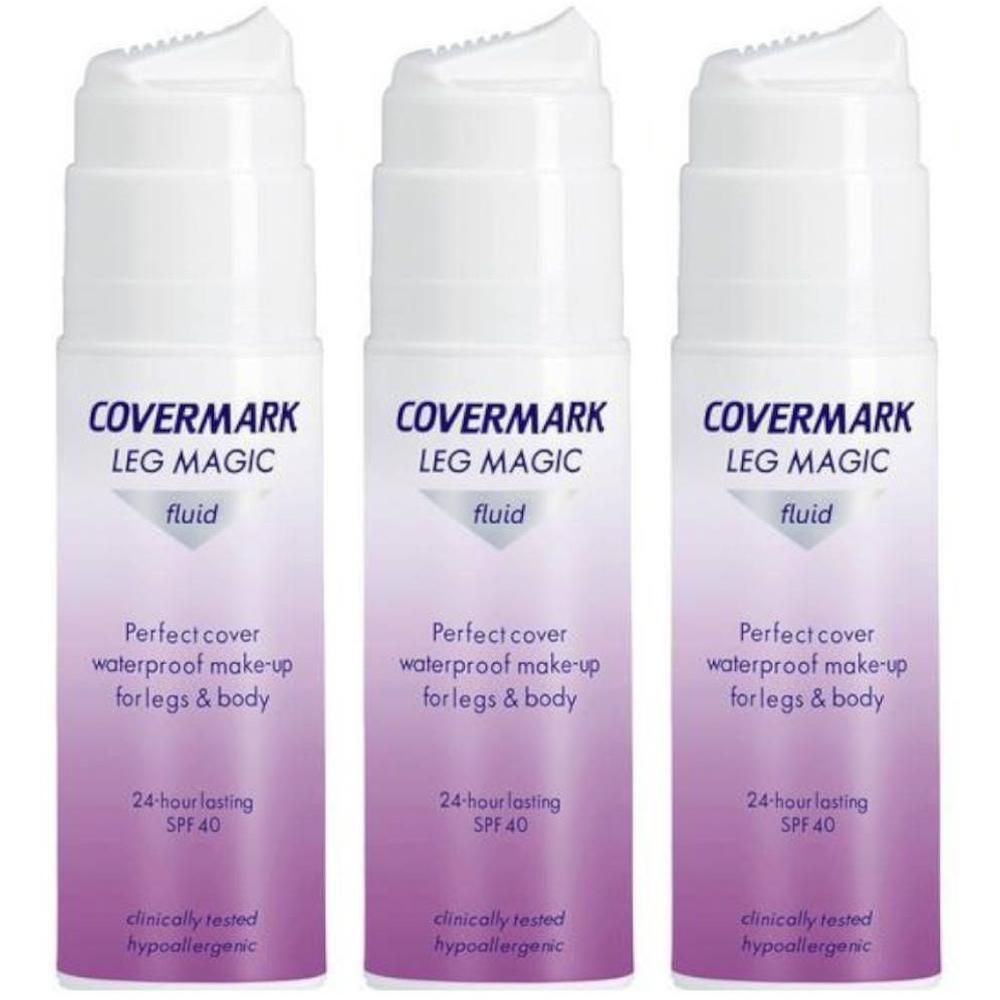 Trois flacons de Covermark Leg Magic Fluid SPF 40, maquillage imperméable pour jambes et corps.