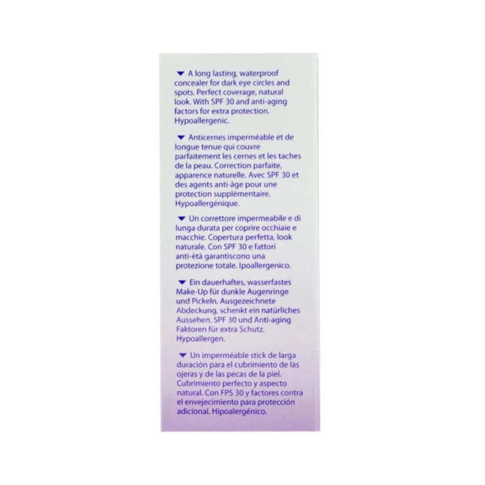 Achterkant van de Covermark Concealer verpakking met productinformatie in meerdere talen.