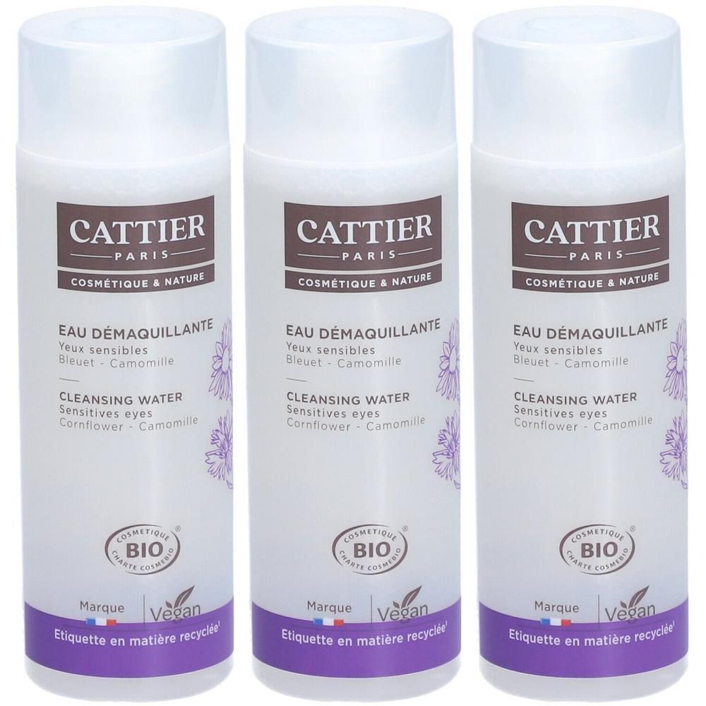 Trois flacons de Cattier Eau Démaquillante avec étiquette et design floral.