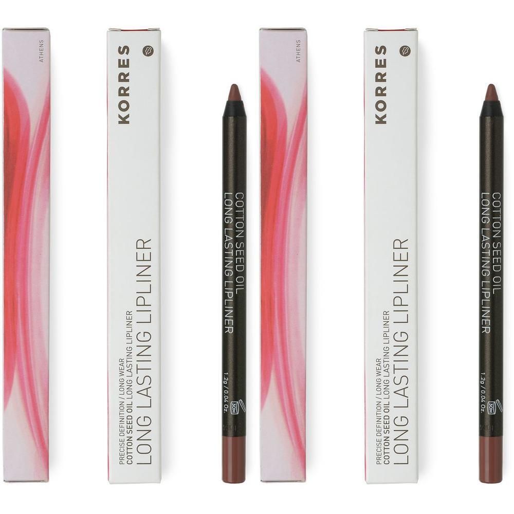 Deux crayons à lèvres Korres couleur Neutral Foncé, à l'huile de coton, longue tenue.