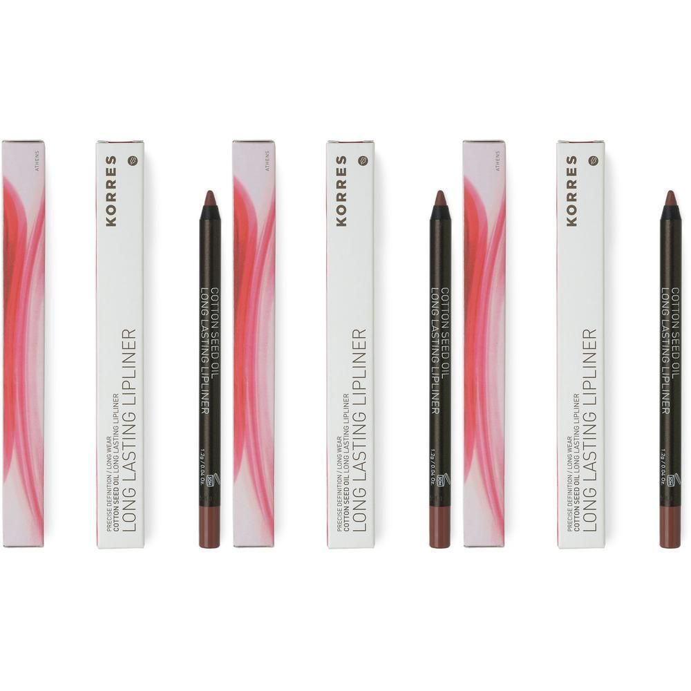 Drie Korres lipliners in de kleur Neutral Foncé, elk in een witte verpakking met roze accenten.