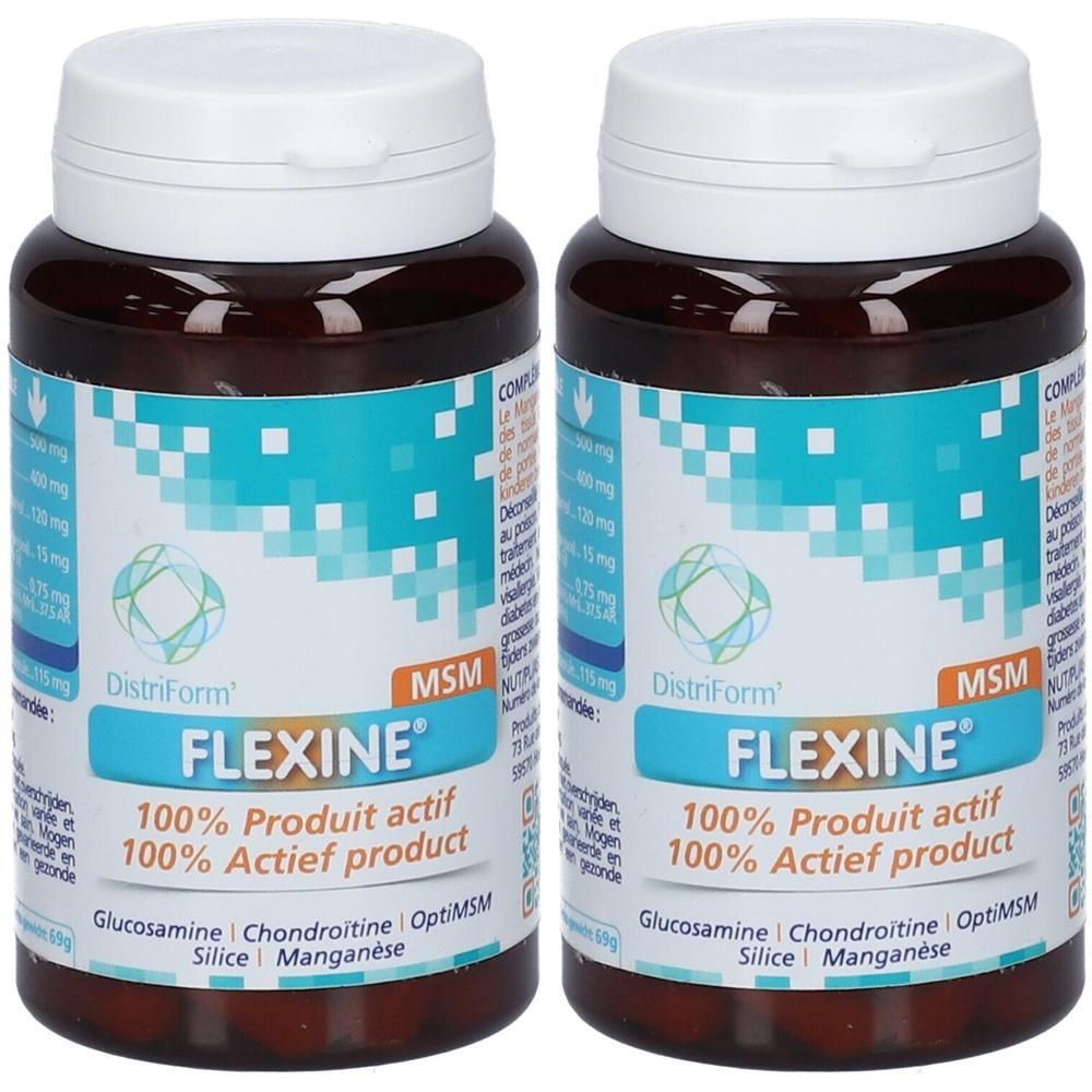 Twee flessen Flexine voedingssupplement met glucosamine, chondroïtine en MSM.