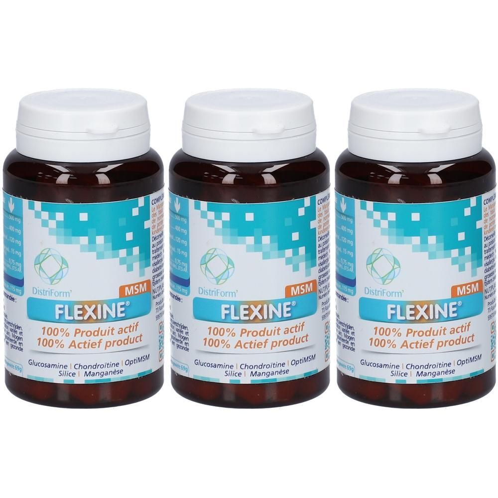 Drie flessen Flexine met witte doppen. Bruine flessen met etiketten met blauwe en witte pixelpatronen en productinformatie.