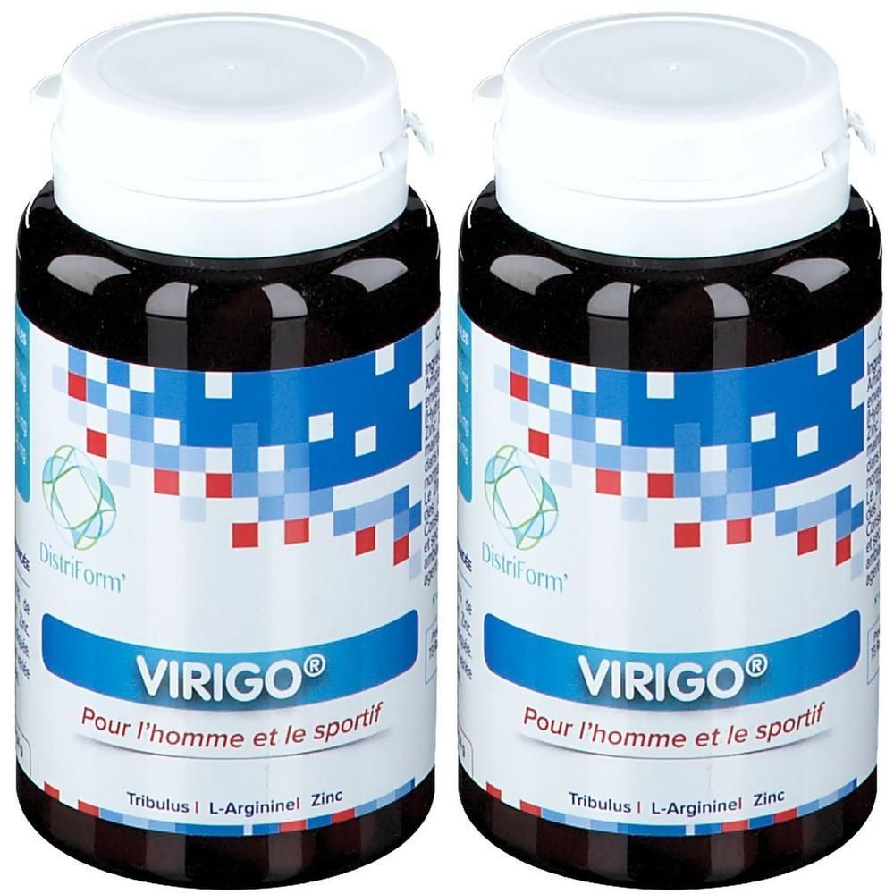 Twee flessen Virigo met witte dop en blauw-wit-rood etiket. Bevat Tribulus, L-Arginine, Zink.