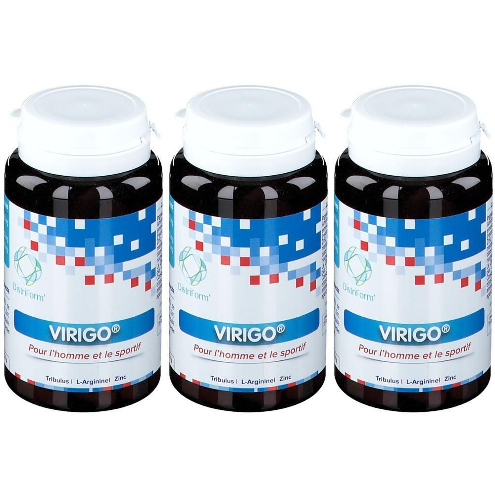 Trois flacons de Virigo avec bouchons blancs et étiquette bleu-rouge.