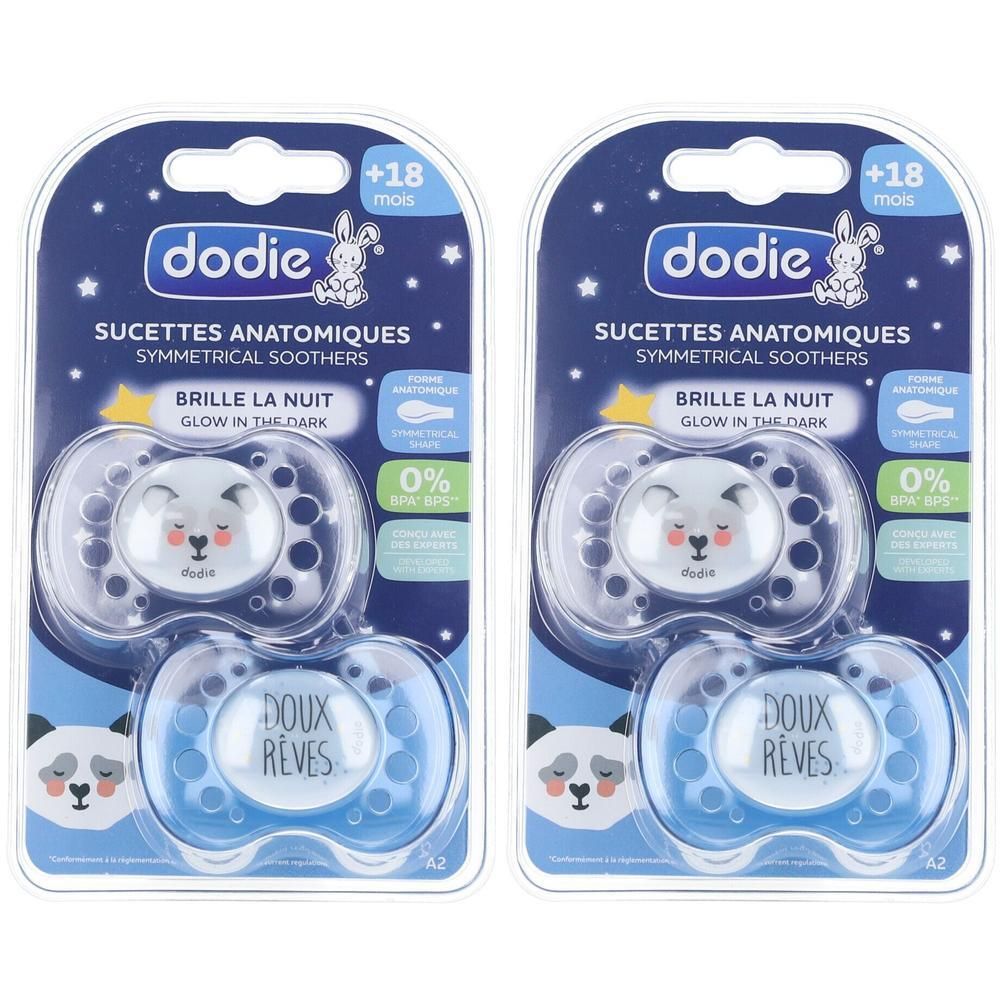 Deux sucettes Dodie nuit, 18+ mois, anatomiques, silicone, brillent dans le noir.