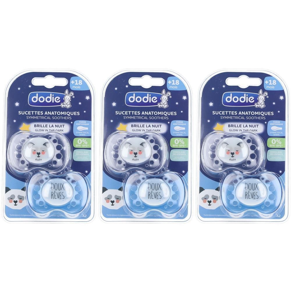 Drie Dodie® anatomische fopspenen voor de nacht, vanaf 18 maanden, panda-motief, siliconen, lichtgevend.