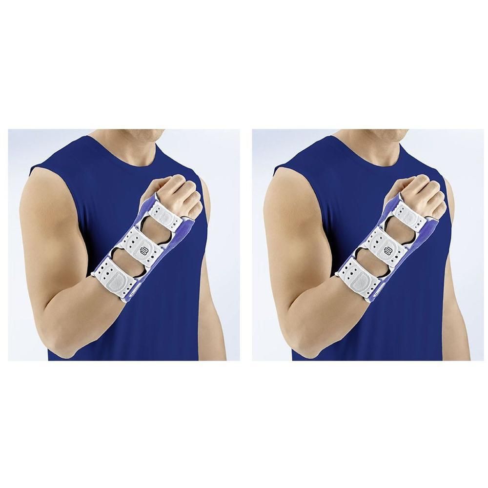 Bauerfeind ManuLoc polsbrace, maat 1, titanium. Wit en blauw.