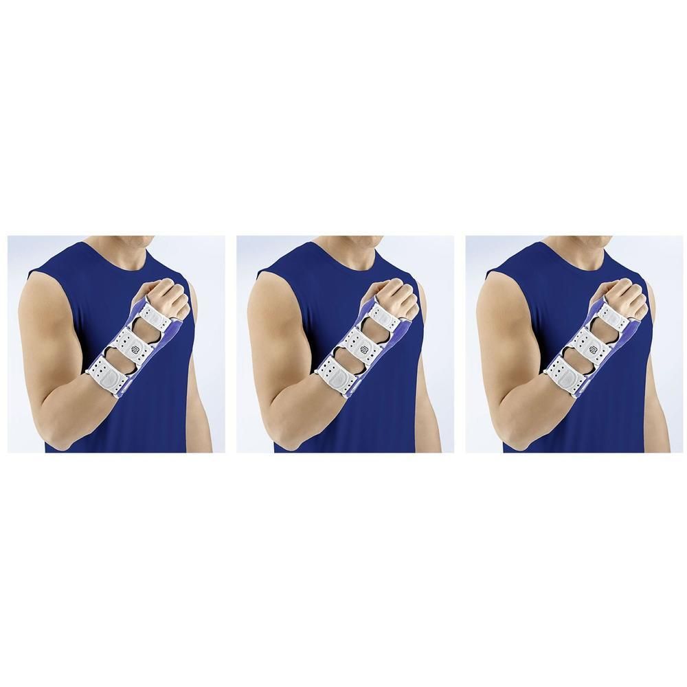 Orthèse de poignet Bauerfeind ManuLoc, taille 1, titane. Montre trois vues du produit sur un homme.