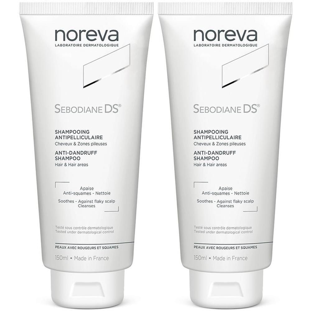 Deux flacons de shampoing antipelliculaire Noreva Sebodiane DS, 150ml.