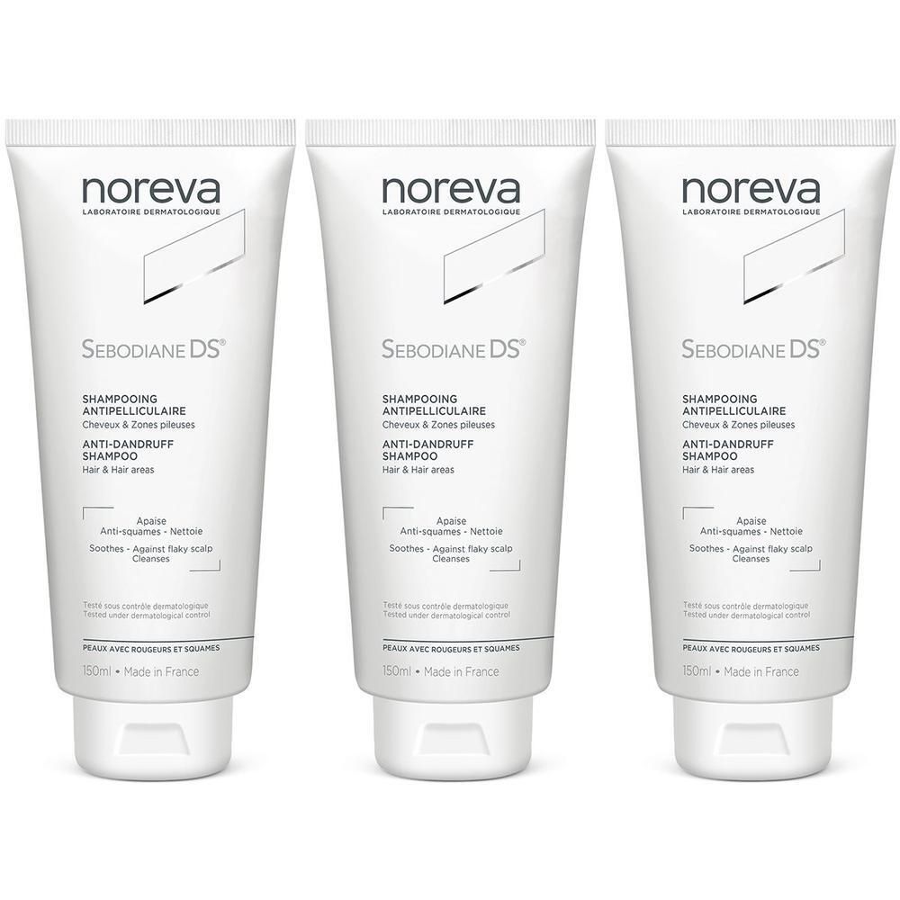 Trois flacons de shampoing antipelliculaire Noreva Sebodiane DS.