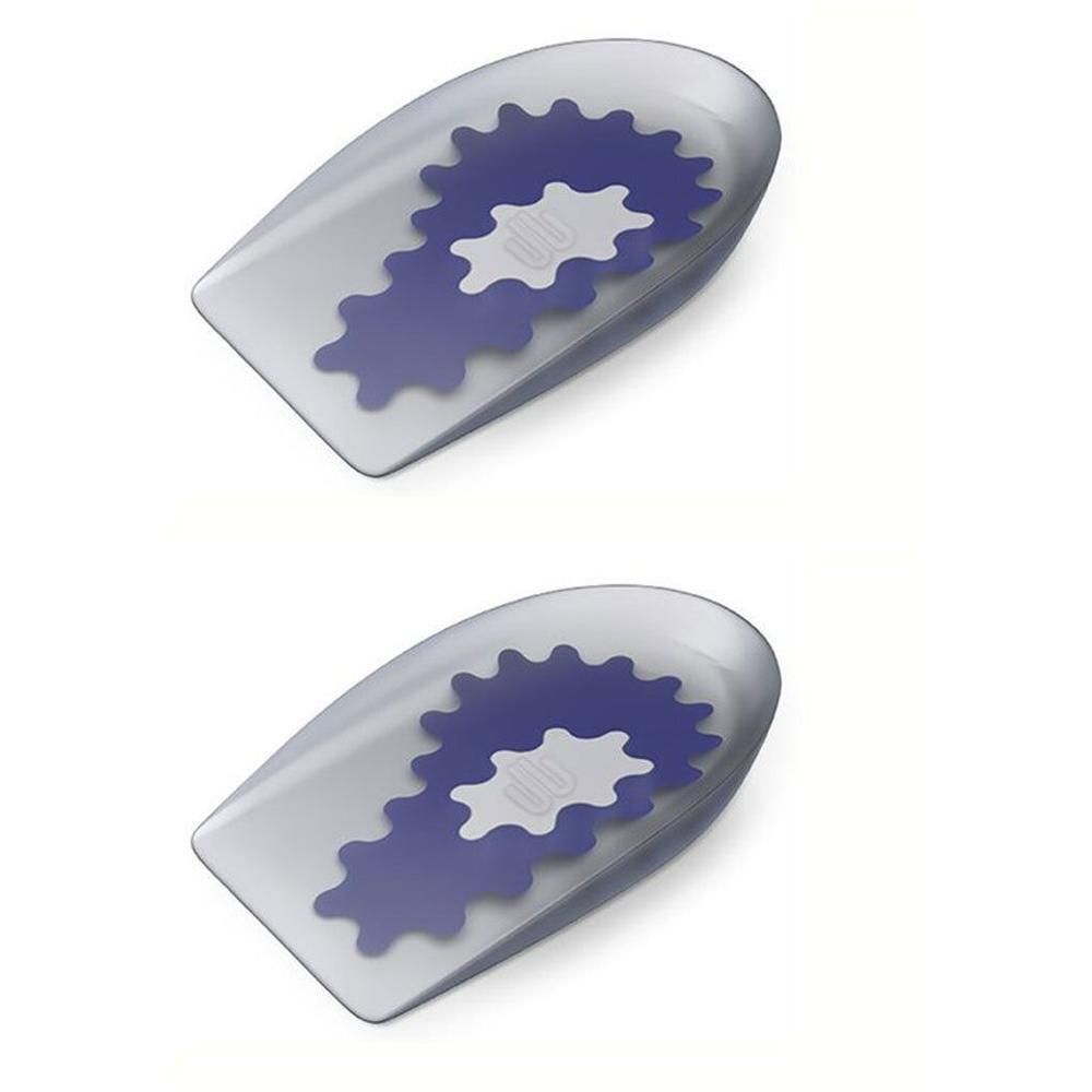 Deux talonnettes transparentes avec insert bleu et motif en dents de scie.