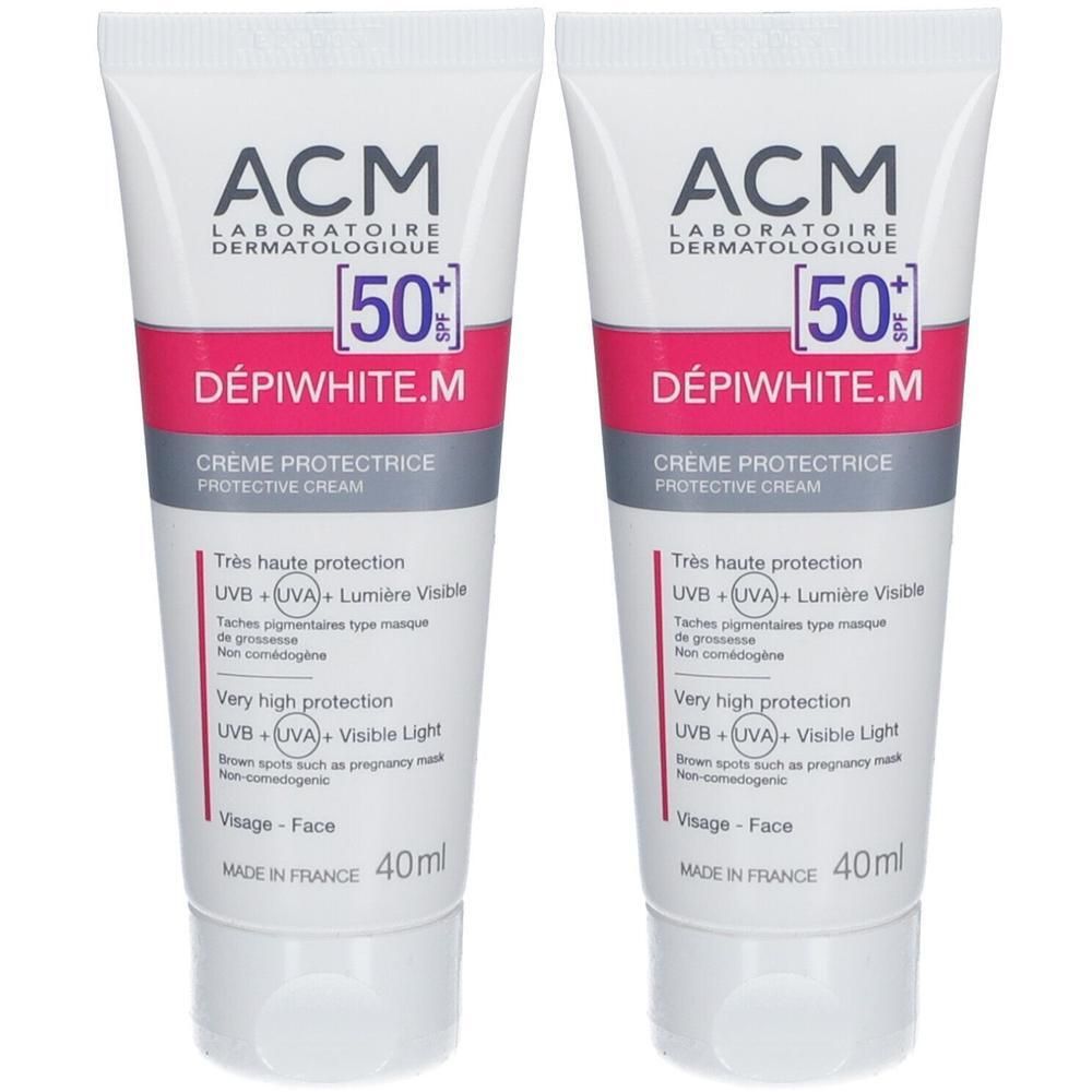 Twee tubes ACM Depiwhite.M zonnebrandcrème SPF 50+, 40ml.