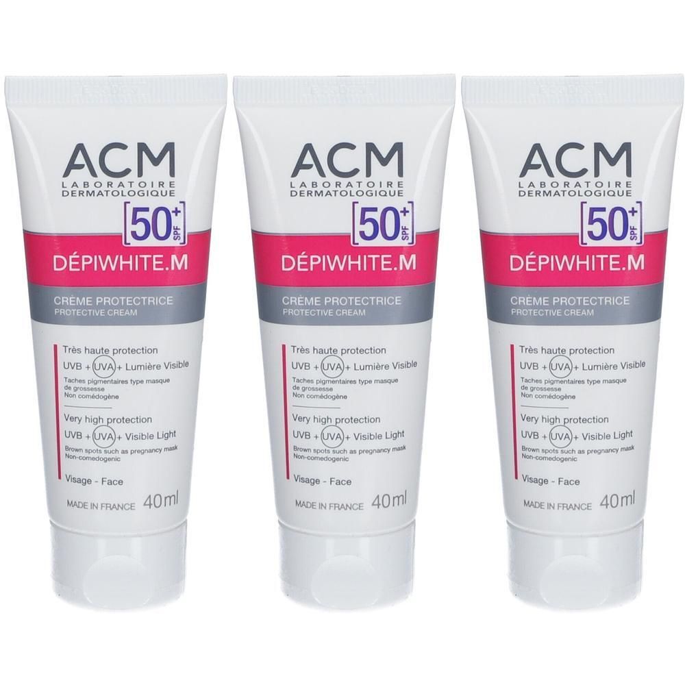 Drie tubes ACM Depiwhite.M Zonbeschermende crème SPF50+ van 40ml.