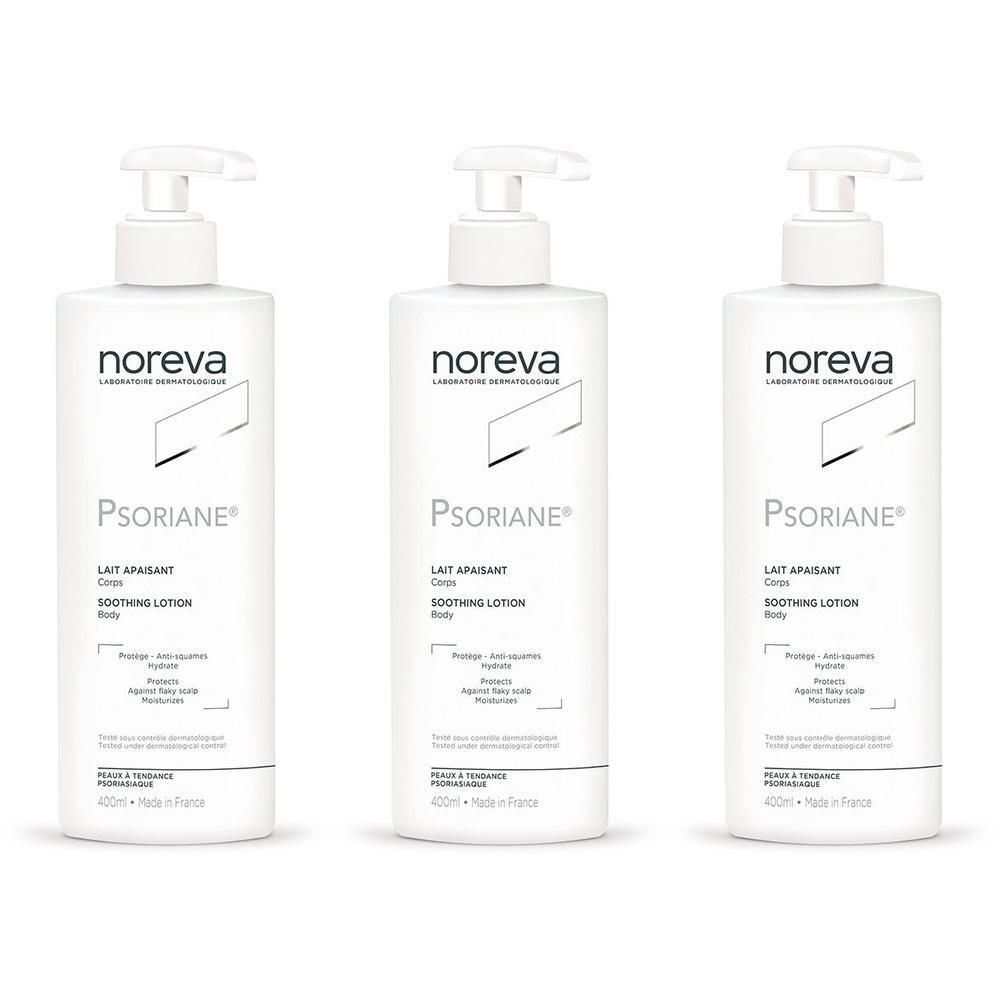 Trois flacons pompe blancs Noreva Psoriane Lait Apaisant, 400ml, Made in France.