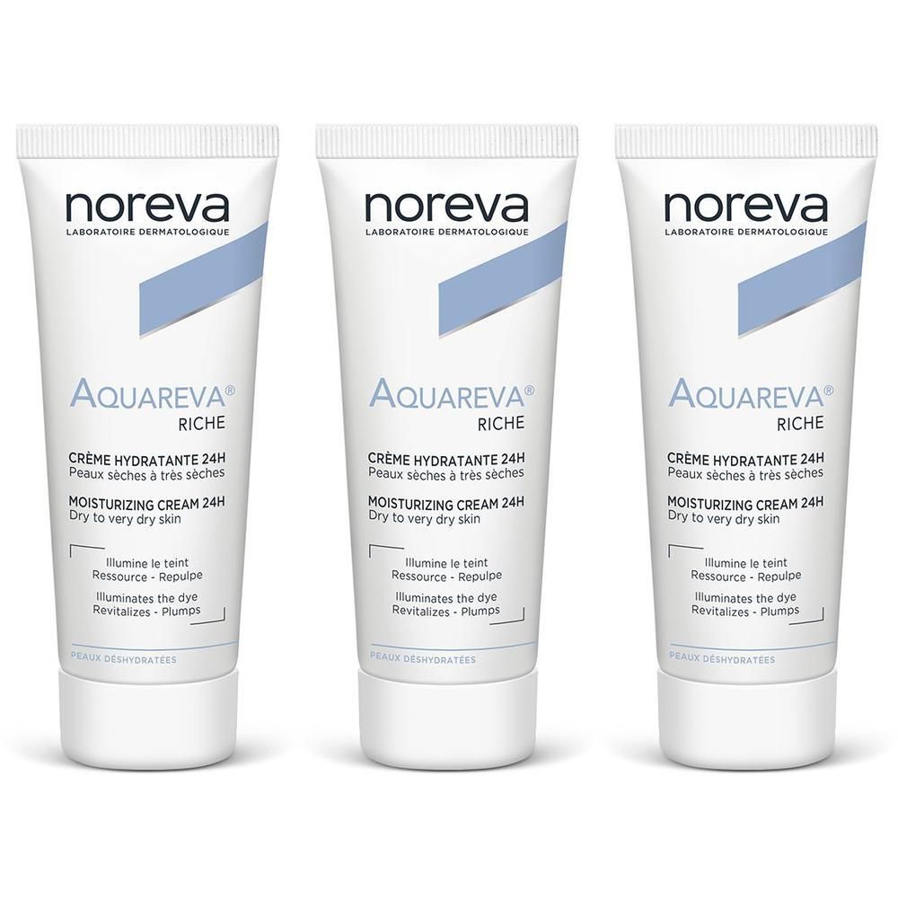 Trois tubes de crème hydratante riche Noreva Aquareva 24h pour peaux très sèches.