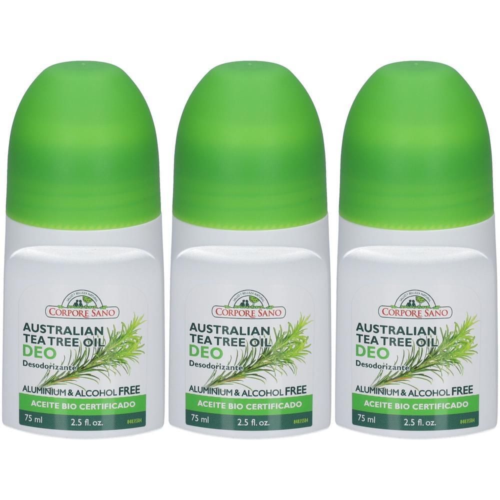 Trois déodorants roll-on Corpore Sano à l'huile d'arbre à thé australien, sans aluminium ni alcool.