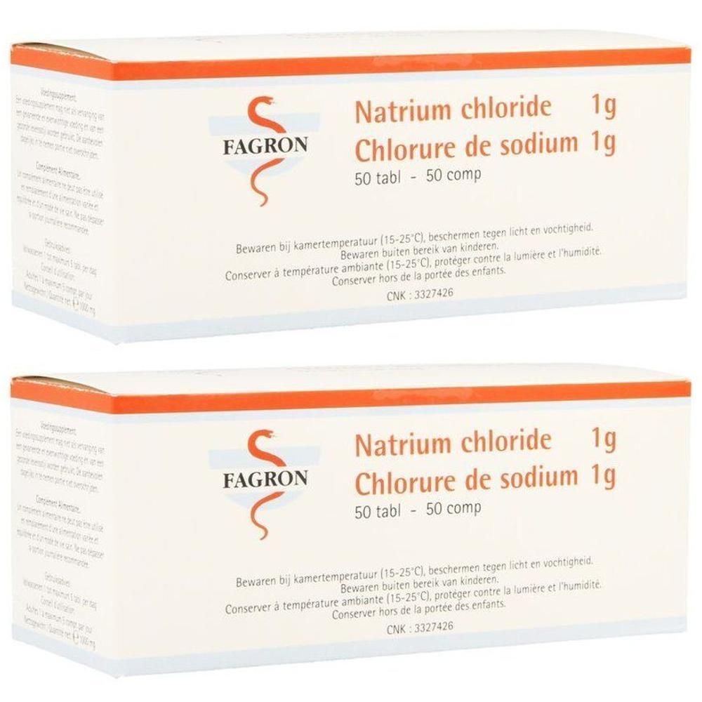 Deux boîtes de Fagron Chlorure de sodium 1g, 50 comprimés par boîte.