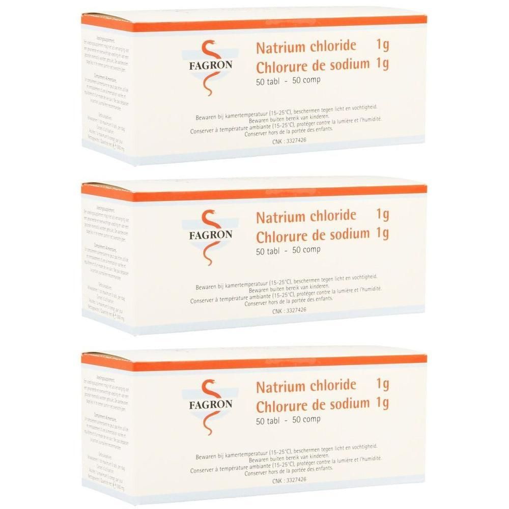 Trois boîtes Fagron Chlorure de sodium 1g, 50 comprimés chacune.