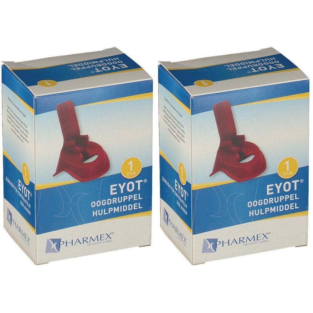 Deux boîtes de l'aide pour gouttes oculaires EYOT rouge. Logo Pharmex visible.