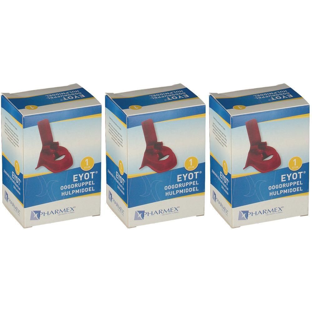 Trois boîtes de l'aide pour gouttes oculaires EYOT rouge de Pharmex.
