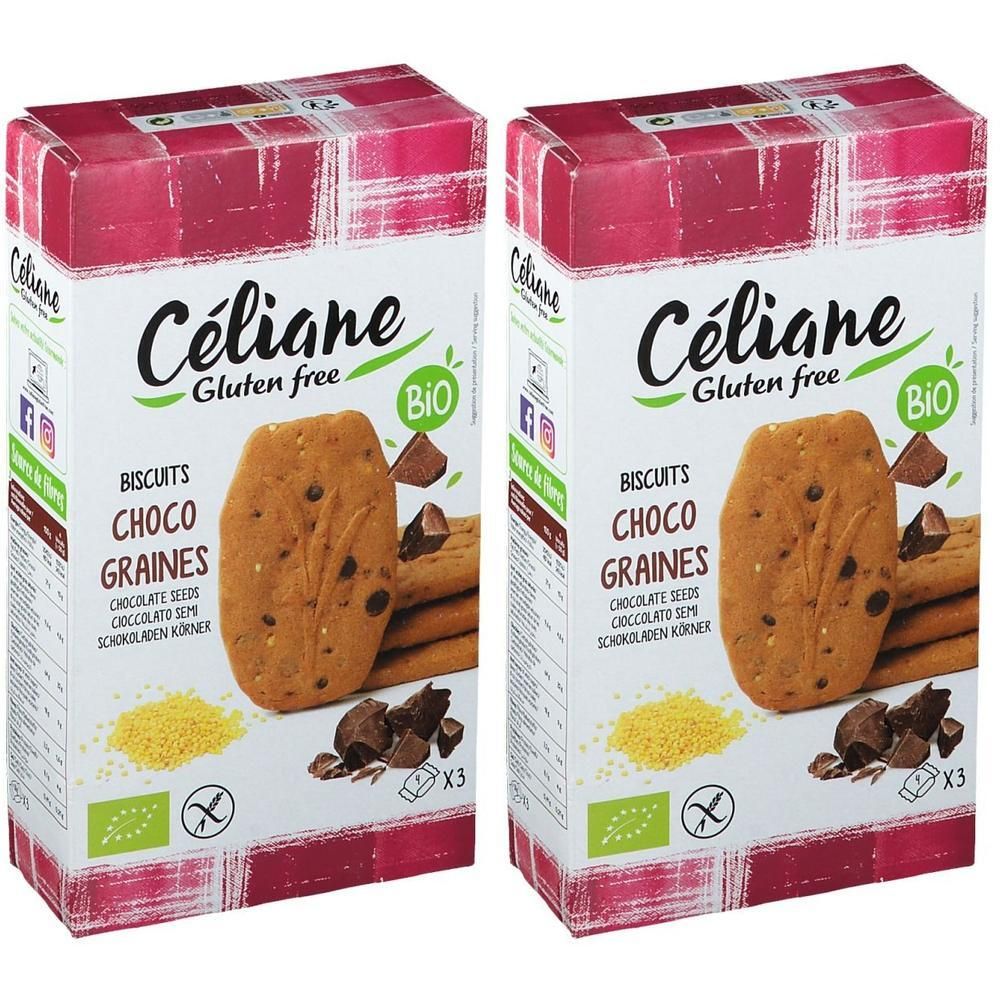 Twee pakken Céliane glutenvrije koekjes met chocoladestukjes en honing. Biologisch gecertificeerd.