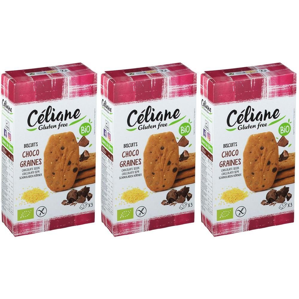 Trois paquets de biscuits Céliane sans gluten, pépites de chocolat et miel.