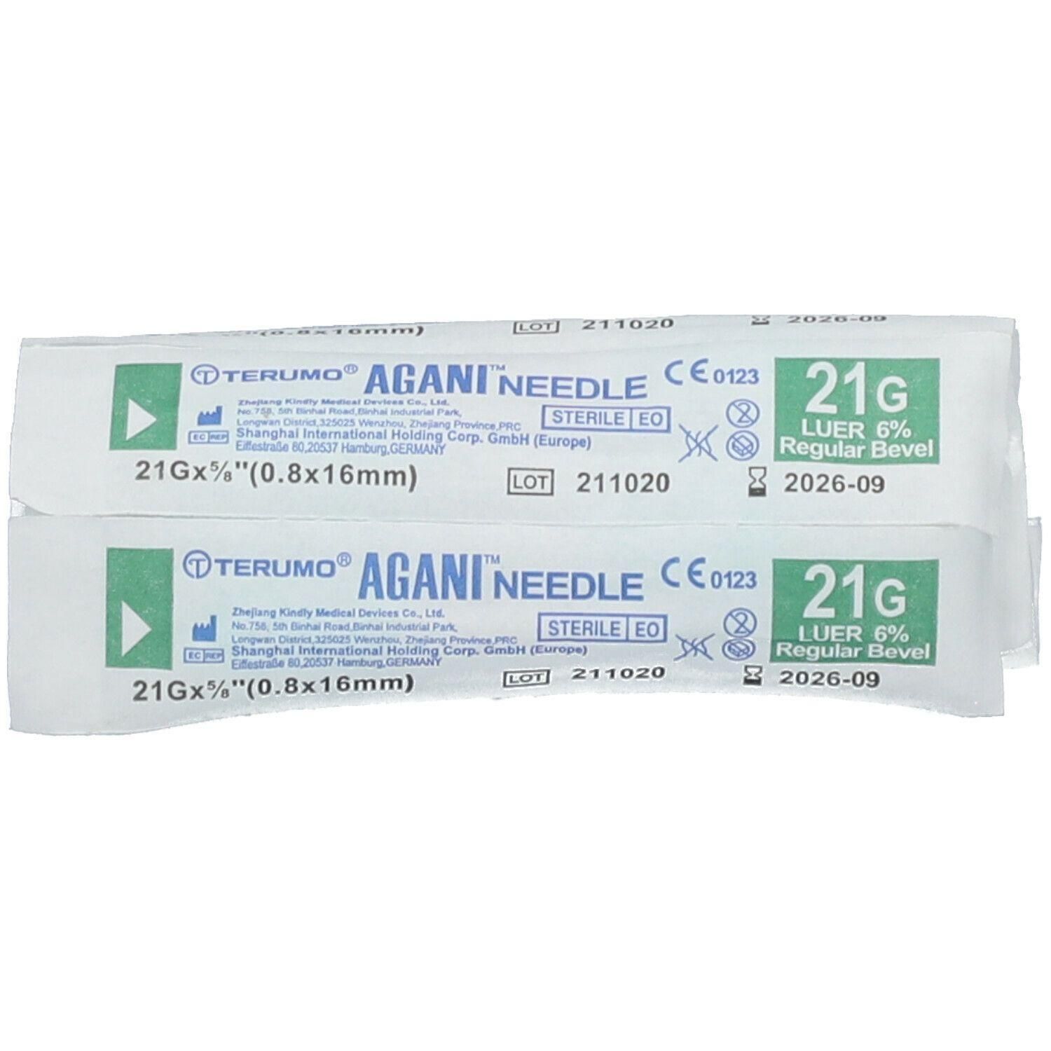 Twee steriele Terumo Agani naalden, 21G x 5/8" (0.8x16mm), Luer 6%, Regular Bevel.