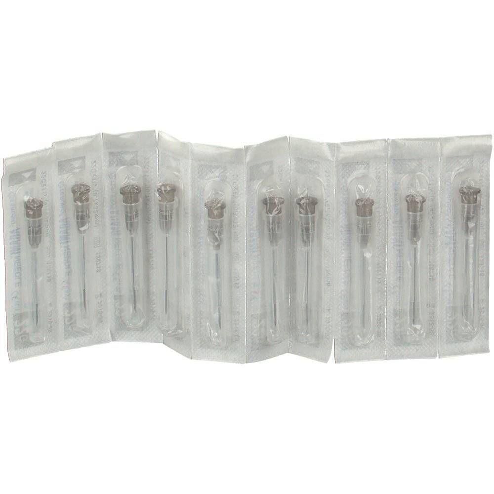 Tien individueel verpakte injectienaalden, 22g, 1 1/4 inch, met zwarte hub.