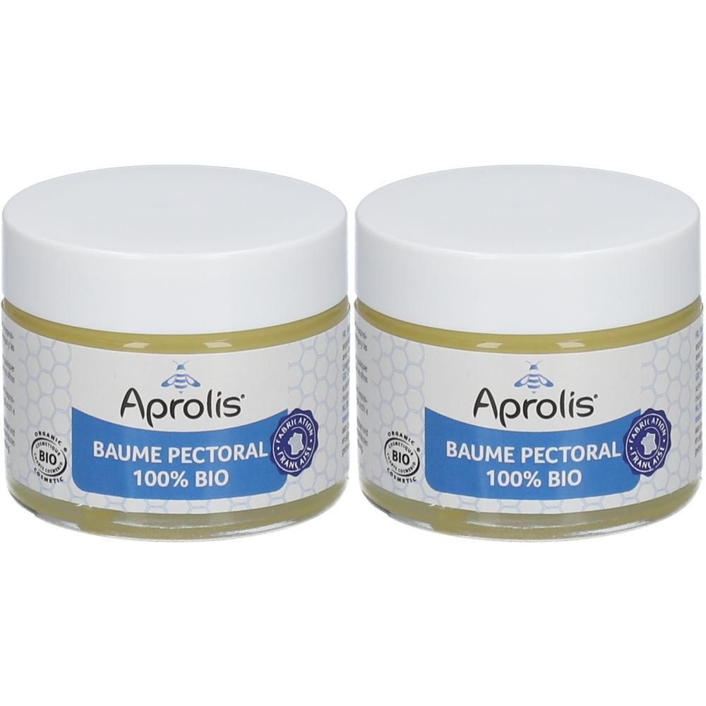 Twee Aprolis Baume Pectoral 100% Bio potjes met witte deksels en etiketten.