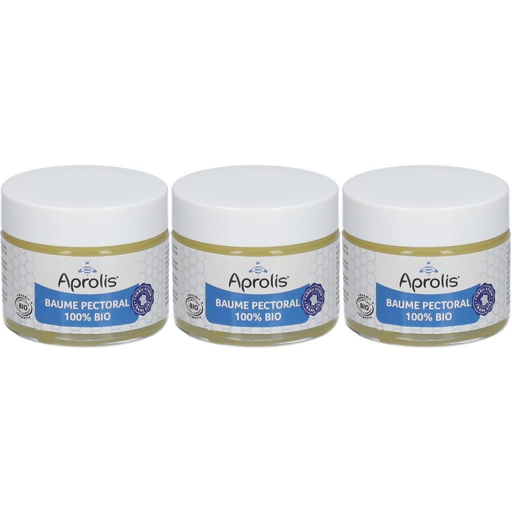 Trois pots de crème Aprolis Baume Pectoral 100% Bio avec couvercles blancs et étiquettes bleues.