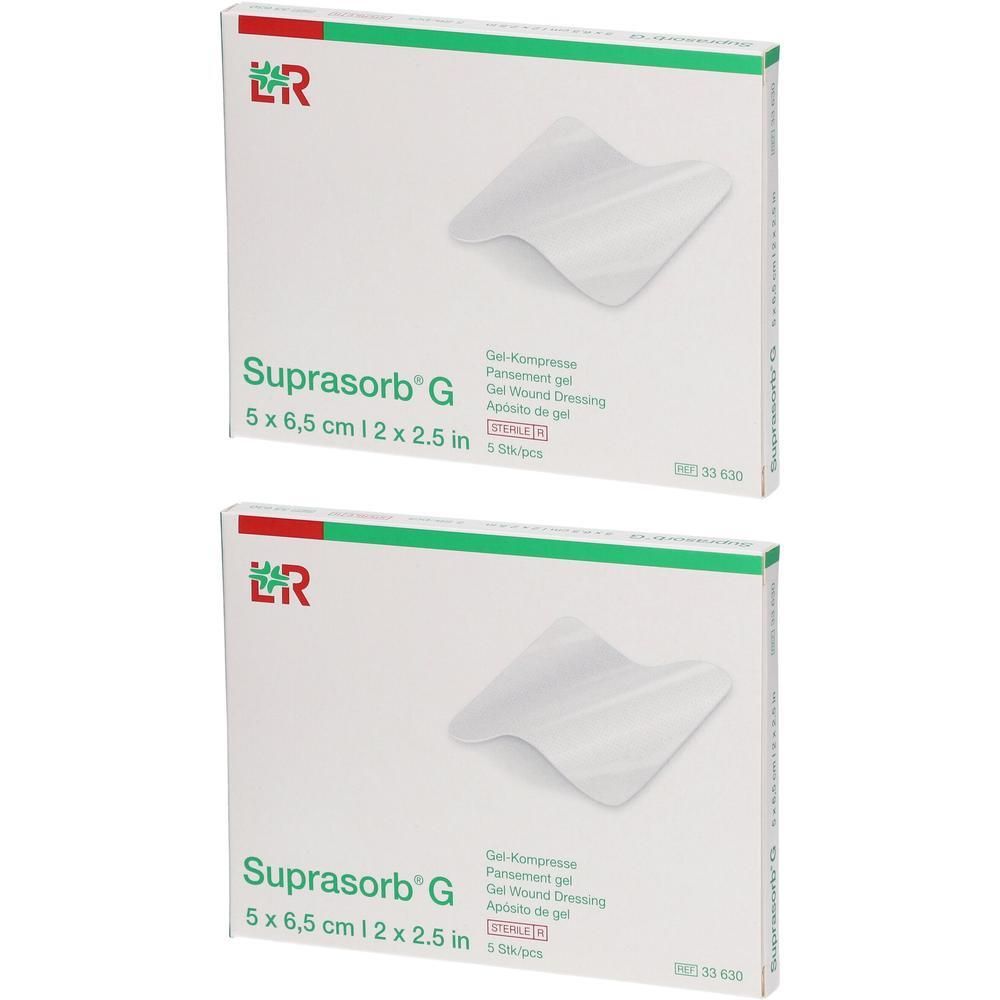 Twee verpakkingen Suprasorb G Gel-wondkompressen, 5 x 6,5 cm.