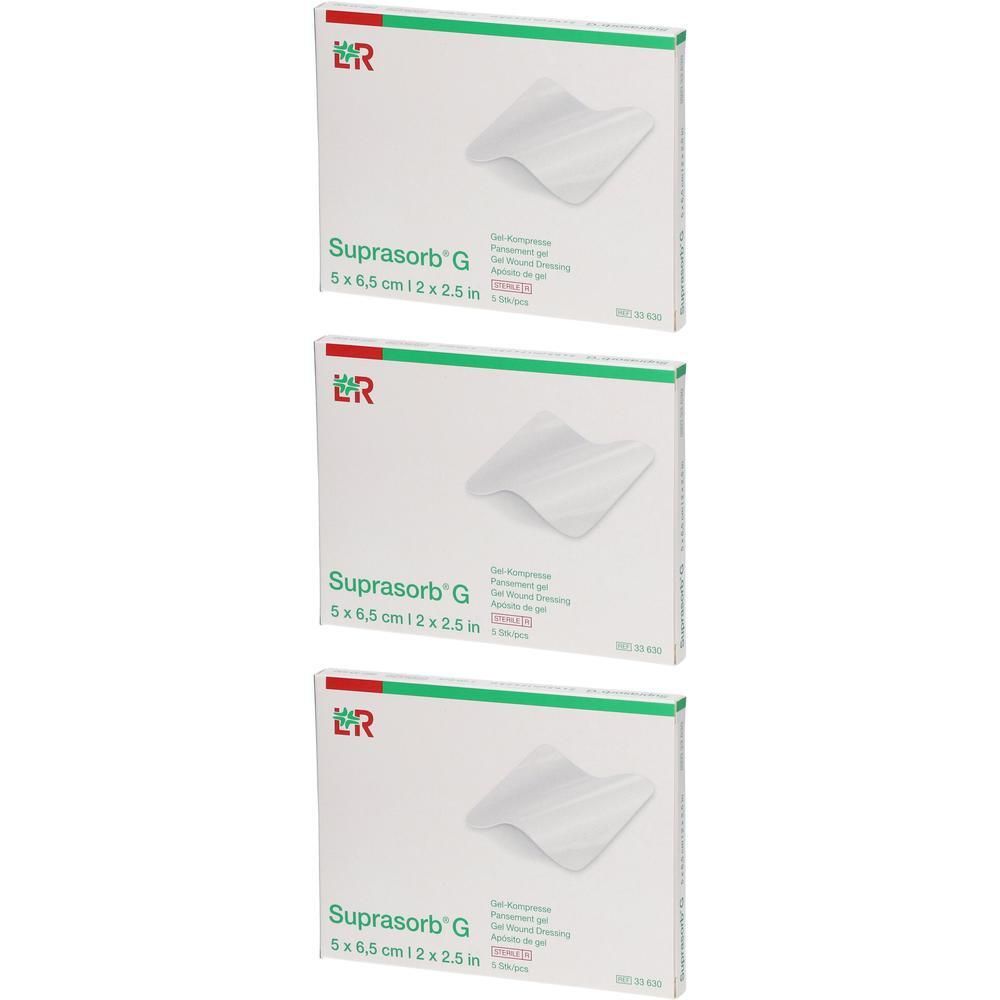 Drie verpakkingen Suprasorb G wondverband met gel, 5 x 6,5 cm.