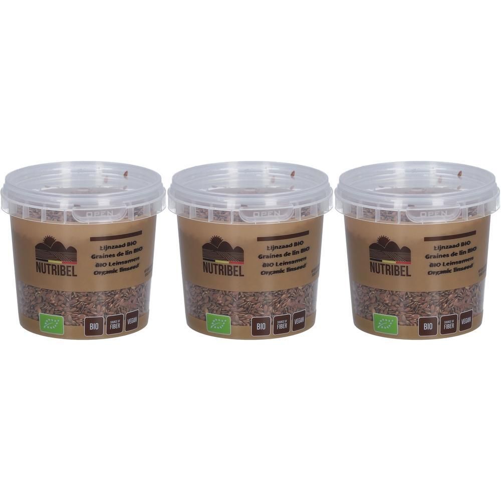 Trois pots de graines de lin bio Nutribel. Couvercles transparents et étiquettes brunes avec logos bio.