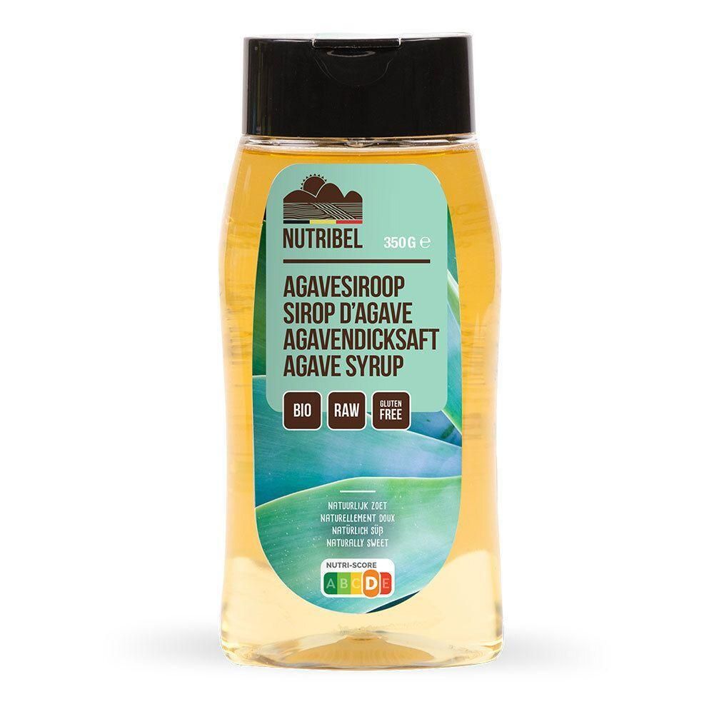 Sirop d'agave Nutribel en bouteille transparente, 350g. Bio, Raw, Sans gluten.