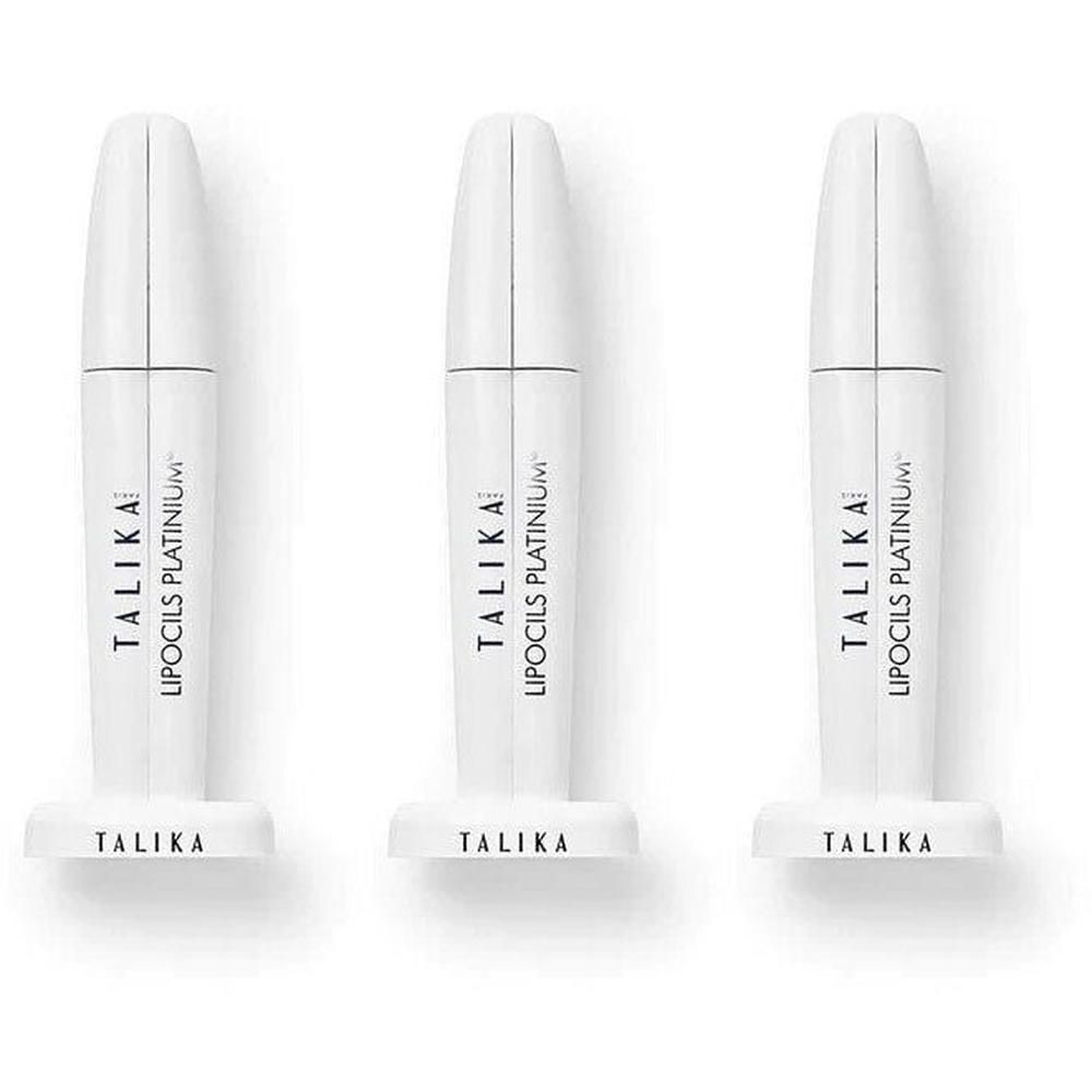 Trois applicateurs blancs Talika Lipocils Platinum avec accents argentés et logo de la marque.