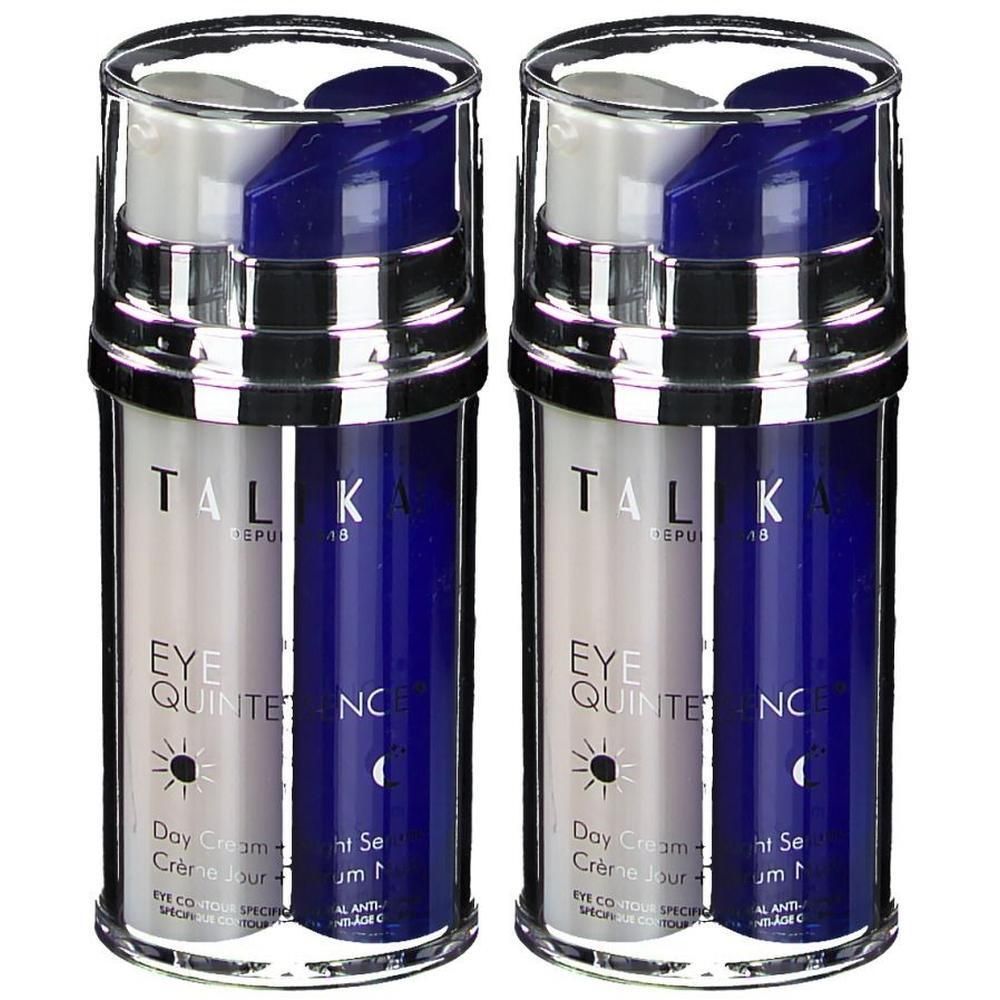 Twee Talika Eye Quintessence flacons met pompen. Witte en blauwe containers met zilveren accenten.