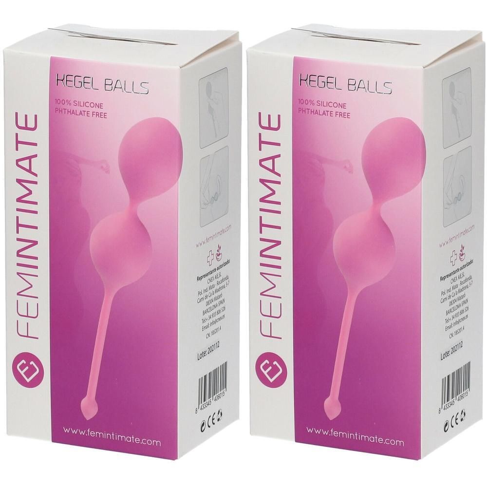 Twee verpakkingen Femintimate Kegelballen van 100% siliconen, ftalaatvrij. Roze.