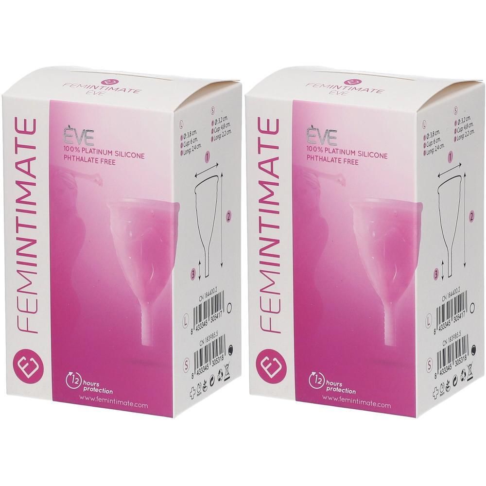 Deux boîtes de coupes menstruelles Femintimate Eve en silicone platine 100%, sans phtalates.