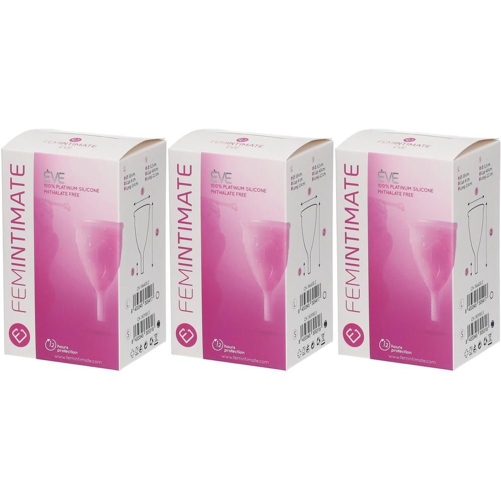 Trois boîtes de coupes menstruelles Femintimate Eve en silicone médical.