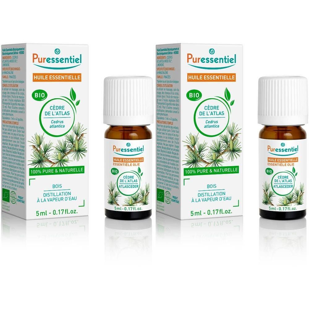 Huile essentielle bio Cèdre Atlas Puressentiel en flacon brun à bouchon blanc, 5ml.
