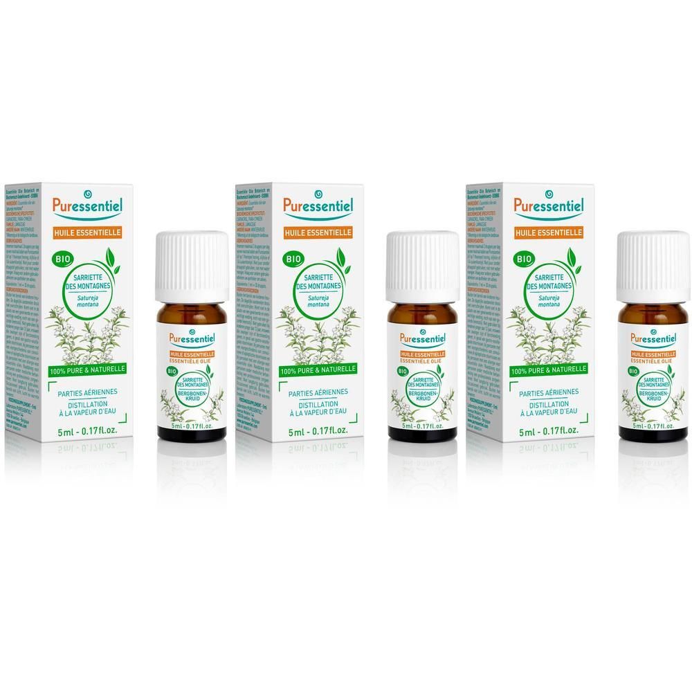 Puressentiel Sarriette Montagne Bio etherische olie in bruine glazen fles met witte dop, vier stuks.