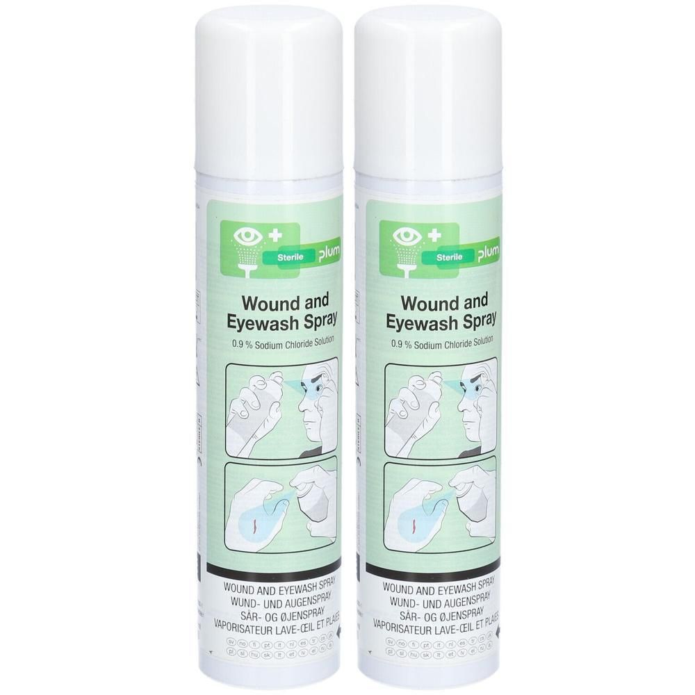 Deux sprays stériles pour le lavage des plaies et des yeux, solution de chlorure de sodium à 0,9%. Instructions d'utilisation.