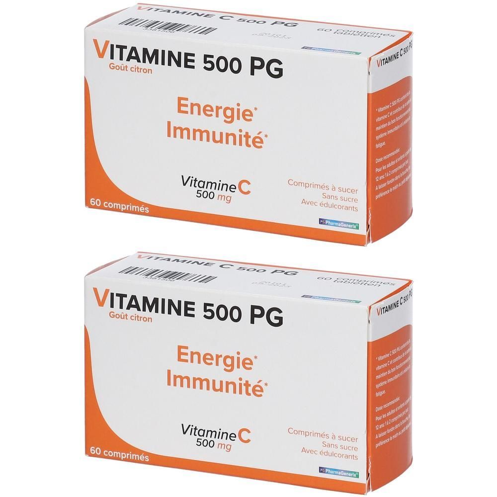 Twee pakken "Vitamine C 500 PG" citroensmaak, 60 tabletten per pak.