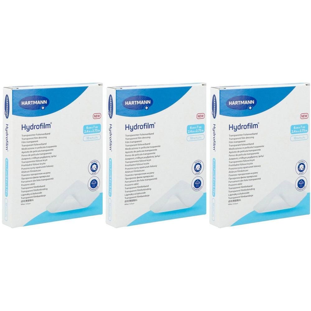 Drie pakken Hartmann Hydrofilm transparante wondverbanden.