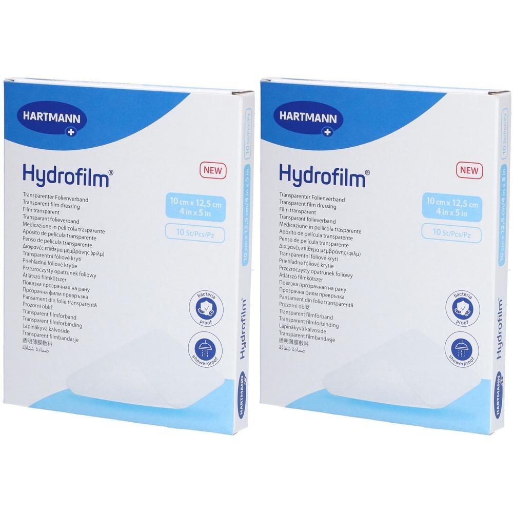 Twee pakken Hartmann Hydrofilm transparante folieverbanden, 10 stuks per stuk.